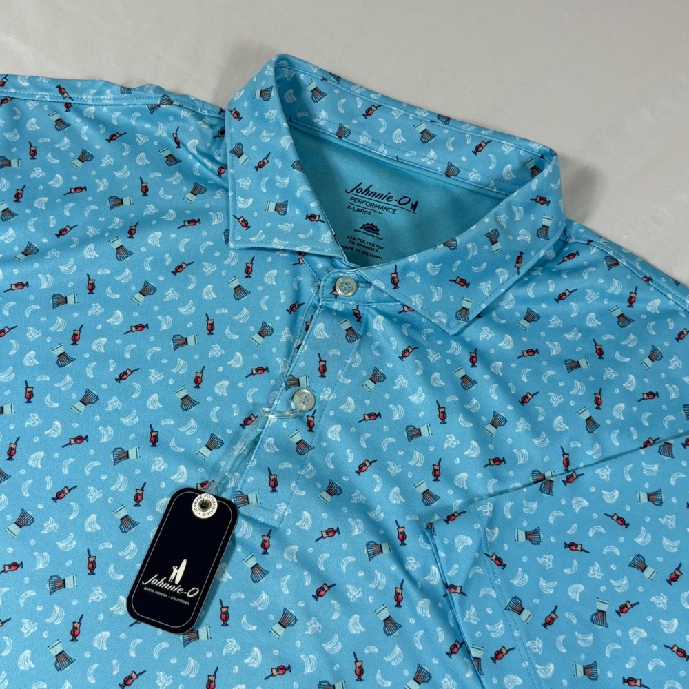 Johnnie-O Performance Polo Shirt Men's XL Blue Tropical Cocktail Golf Summer NWT